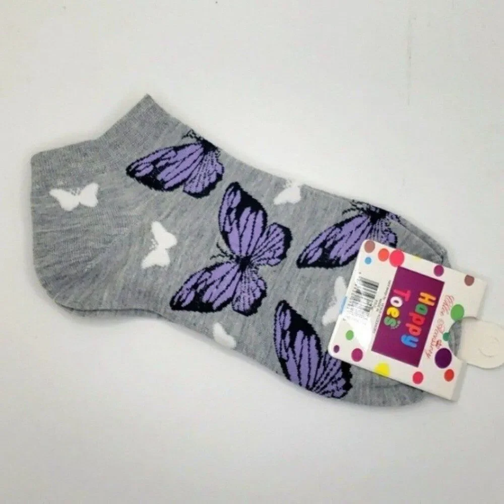Gray purple butterfly ankle socks
